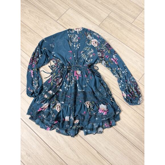 Free People Dresses & Skirts - Free People Floral Chiffon Mini Dress Size M Teal Green Ruffle Boho Sleeve